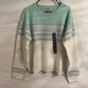 525 Women's Super Soft Crewneck Pullover Lurex Fairisle Sweater - Aqua Combo XL